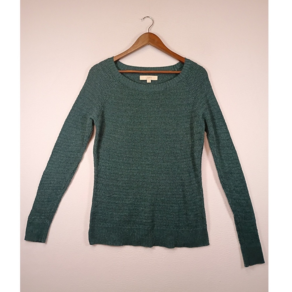 Dark Academia LOFT Womens L Green Chevron Textured Cotton Camel Blend Sweater